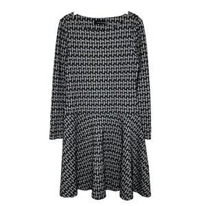 Ivanka Trump Gray Black Plaid Lattice Print Long Sleeve Fit & Flare Dress Sz 10